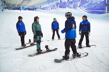 A group on snowboarders on a snow slope getting some coaching input from a coach